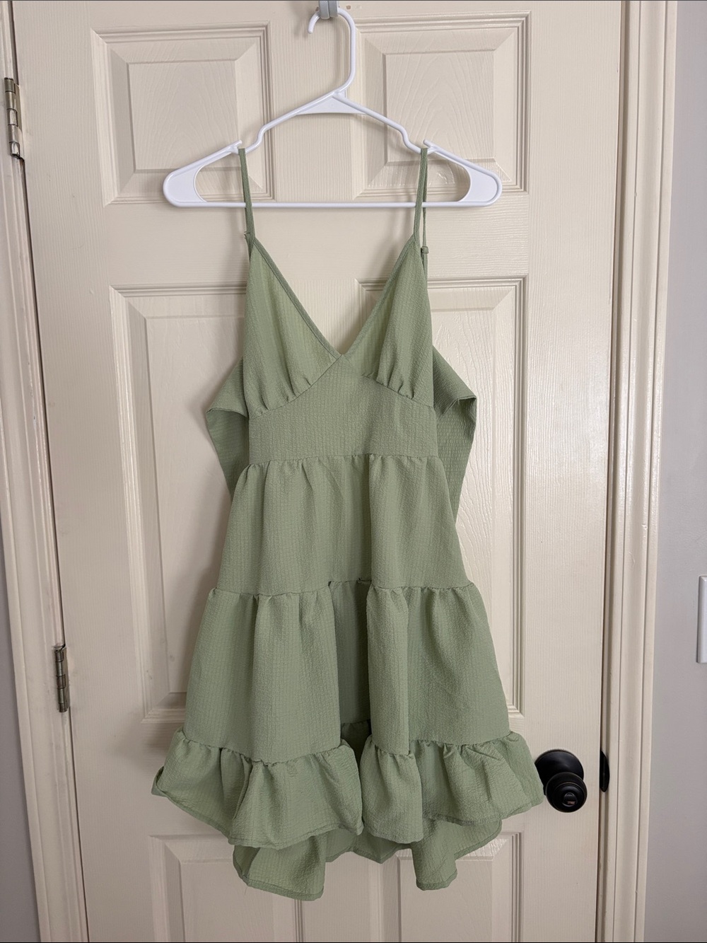 Tiered Sage Green High-Low Spaghetti Strap Dress